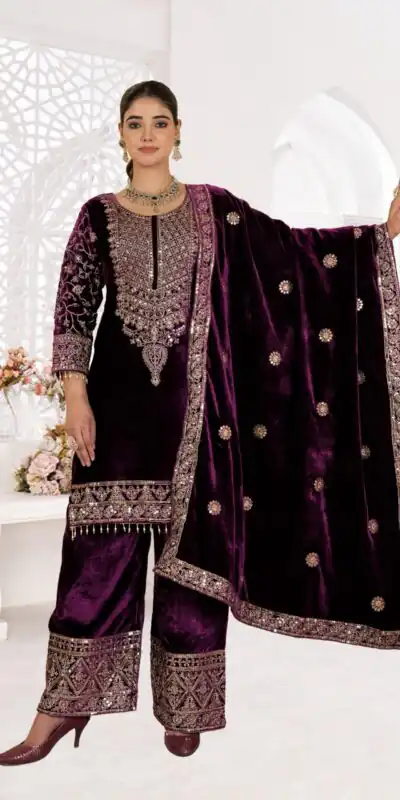 NF 1231 Purple Viscose Velvet Salwar Suit. Perfect for Wedding, Party, Traditional Day, Baisakhi, Eid – Available at ₹2399 only. Delivery 4-6 Workin | Jump Suits, Salwar suit, Casual Suits, Creative suits, Designer Suits, Palazzo Suits, Party Wear Suits, Patiala Suits, Straight Suits