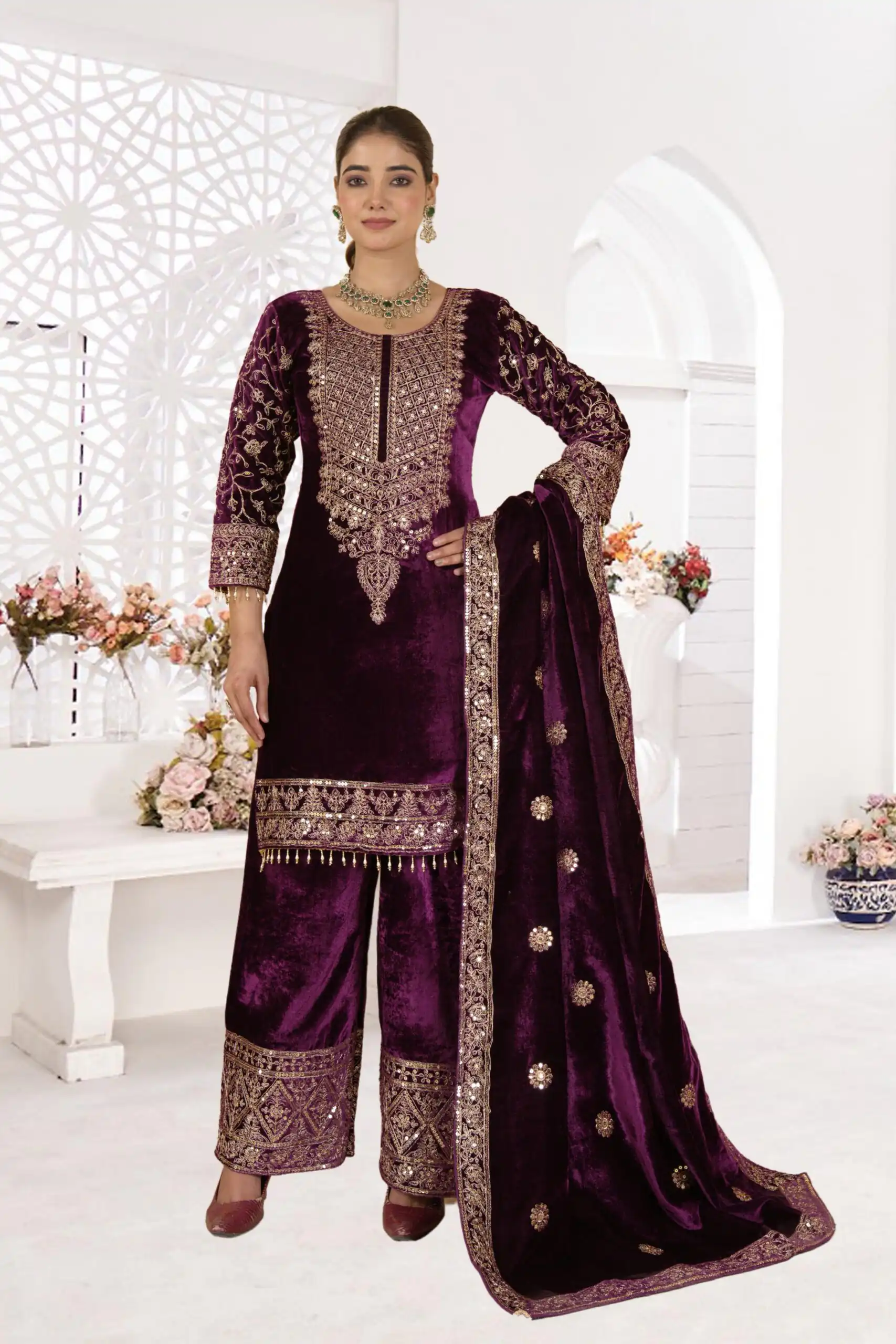 NF 1231 Purple Viscose Velvet Salwar Suit. Perfect for Wedding, Party, Traditional Day, Baisakhi, Eid – Available at ₹2399 only. Delivery 4-6 Workin | Jump Suits, Salwar suit, Casual Suits, Creative suits, Designer Suits, Palazzo Suits, Party Wear Suits, Patiala Suits, Straight Suits
