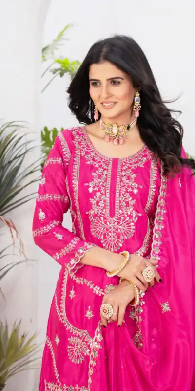 ND 5033 Rani Pink Chinon Silk Salwar Suit with Embroidery Work & Lace Work. Affordable Price ₹2149. Delivery 4-6 Working Days. Shop now. | Jump Suits, Salwar suit, Casual Suits, Creative suits, Designer Suits, Palazzo Suits, Party Wear Suits, Patiala Suits, Straight Suits