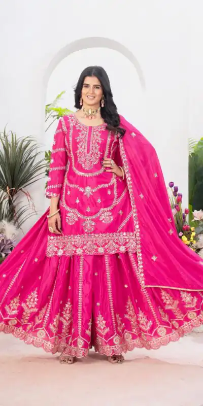 ND 5033 Rani Pink Chinon Silk Salwar Suit with Embroidery Work & Lace Work. Affordable Price ₹2149. Delivery 4-6 Working Days. Shop now. | Jump Suits, Salwar suit, Casual Suits, Creative suits, Designer Suits, Palazzo Suits, Party Wear Suits, Patiala Suits, Straight Suits