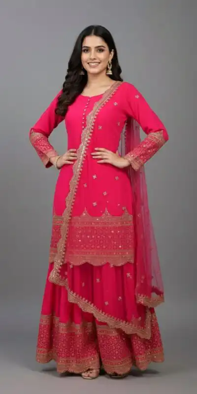 ZF 250 Rani Pink Color Faux Georgette Embroidery Sequence Work Sharara Suit Wedding, Party, Festive, Events Etc. Expected Delivery 4-6 Working Days @2099/- | Jump Suits, Salwar suit, Casual Suits, Creative suits, Designer Suits, Palazzo Suits, Party Wear Suits, Patiala Suits, Straight Suits