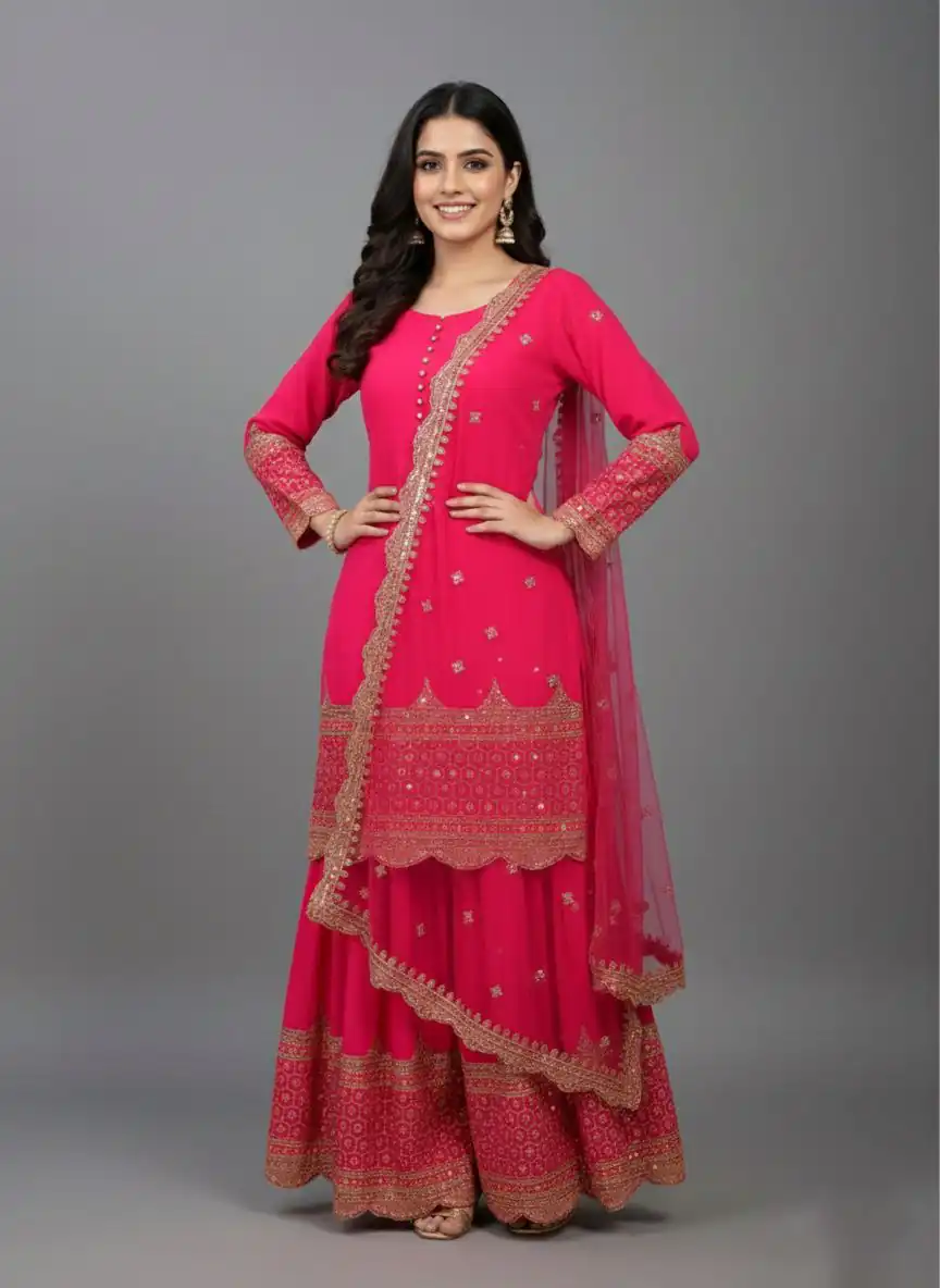 ZF 250 Rani Pink Color Faux Georgette Embroidery Sequence Work Sharara Suit Wedding, Party, Festive, Events Etc. Expected Delivery 4-6 Working Days @2099/- | Jump Suits, Salwar suit, Casual Suits, Creative suits, Designer Suits, Palazzo Suits, Party Wear Suits, Patiala Suits, Straight Suits