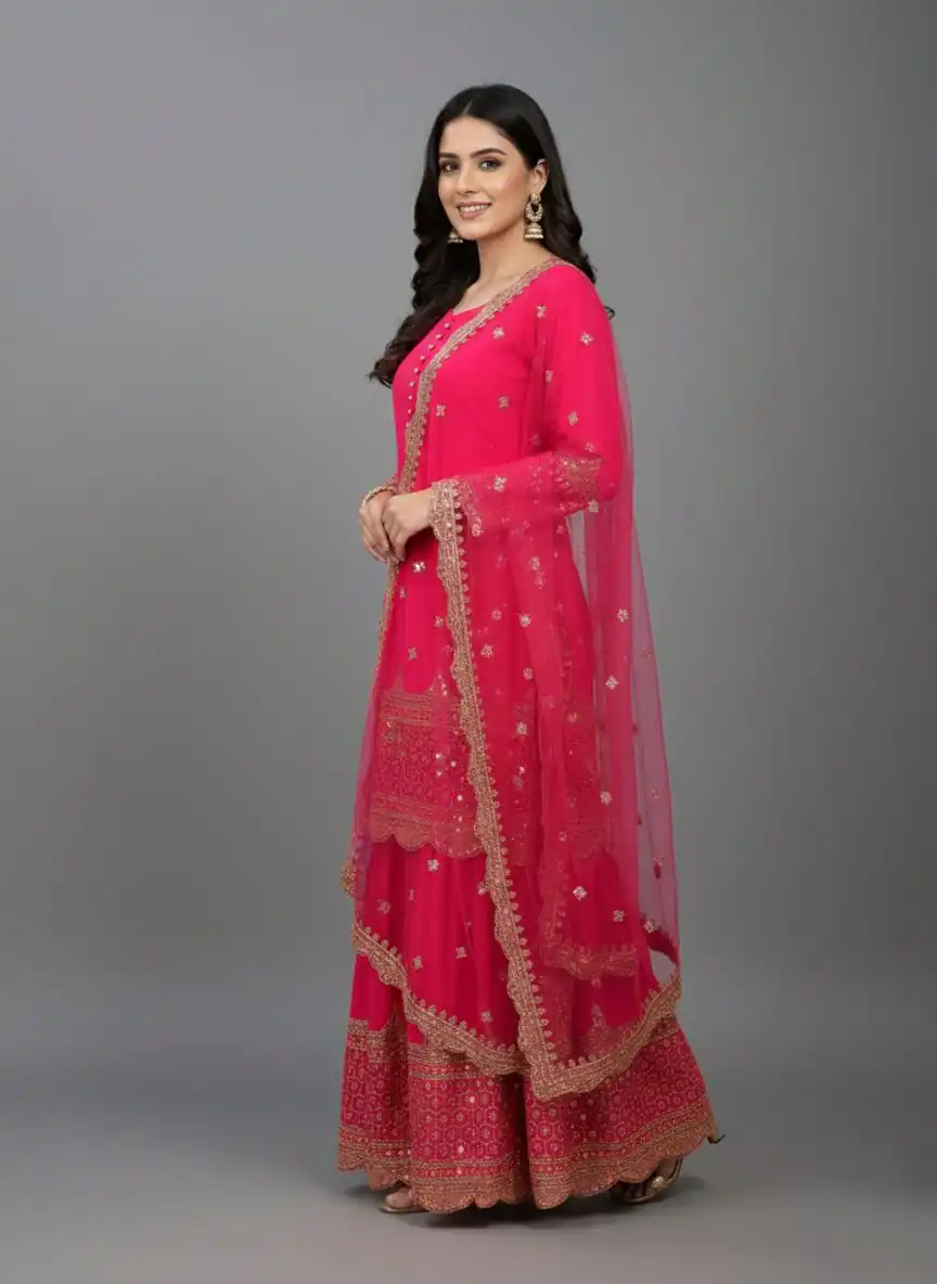 ZF 250 Rani Pink Color Faux Georgette Embroidery Sequence Work Sharara Suit Wedding, Party, Festive, Events Etc. Expected Delivery 4-6 Working Days @2099/- | Jump Suits, Salwar suit, Casual Suits, Creative suits, Designer Suits, Palazzo Suits, Party Wear Suits, Patiala Suits, Straight Suits