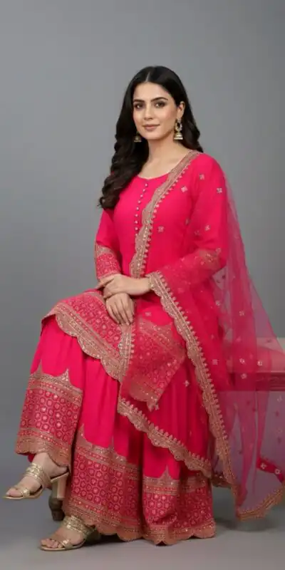 ZF 250 Rani Pink Color Faux Georgette Embroidery Sequence Work Sharara Suit Wedding, Party, Festive, Events Etc. Expected Delivery 4-6 Working Days @2099/- | Jump Suits, Salwar suit, Casual Suits, Creative suits, Designer Suits, Palazzo Suits, Party Wear Suits, Patiala Suits, Straight Suits