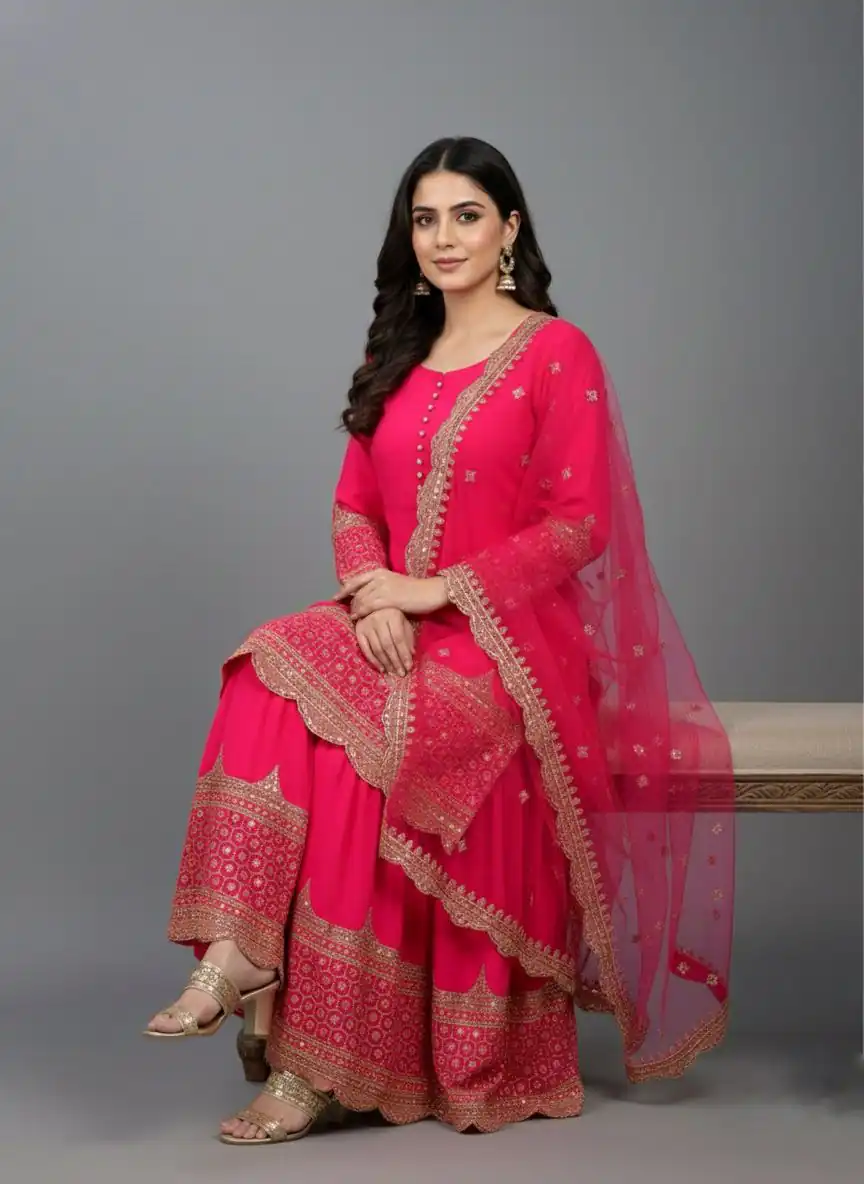 ZF 250 Rani Pink Color Faux Georgette Embroidery Sequence Work Sharara Suit Wedding, Party, Festive, Events Etc. Expected Delivery 4-6 Working Days @2099/- | Jump Suits, Salwar suit, Casual Suits, Creative suits, Designer Suits, Palazzo Suits, Party Wear Suits, Patiala Suits, Straight Suits