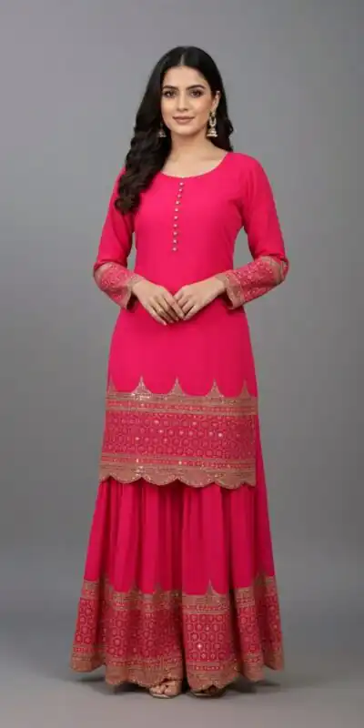 ZF 250 Rani Pink Color Faux Georgette Embroidery Sequence Work Sharara Suit Wedding, Party, Festive, Events Etc. Expected Delivery 4-6 Working Days @2099/- | Jump Suits, Salwar suit, Casual Suits, Creative suits, Designer Suits, Palazzo Suits, Party Wear Suits, Patiala Suits, Straight Suits