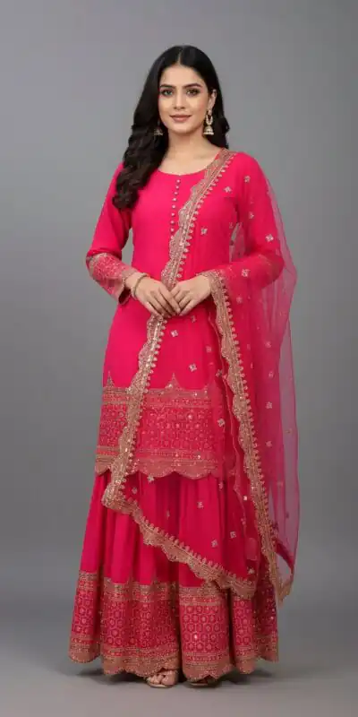 ZF 250 Rani Pink Color Faux Georgette Embroidery Sequence Work Sharara Suit Wedding, Party, Festive, Events Etc. Expected Delivery 4-6 Working Days @2099/- | Jump Suits, Salwar suit, Casual Suits, Creative suits, Designer Suits, Palazzo Suits, Party Wear Suits, Patiala Suits, Straight Suits