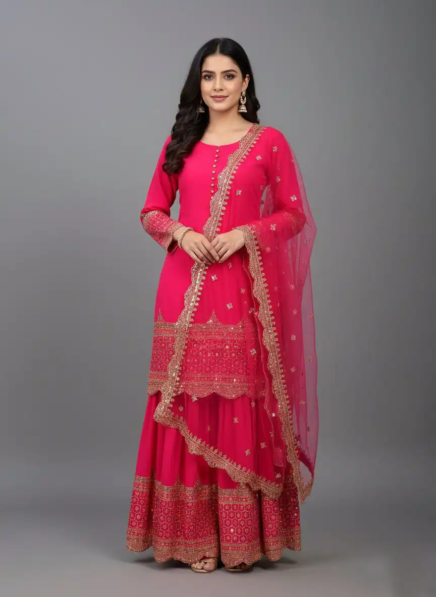 ZF 250 Rani Pink Color Faux Georgette Embroidery Sequence Work Sharara Suit Wedding, Party, Festive, Events Etc. Expected Delivery 4-6 Working Days @2099/- | Jump Suits, Salwar suit, Casual Suits, Creative suits, Designer Suits, Palazzo Suits, Party Wear Suits, Patiala Suits, Straight Suits