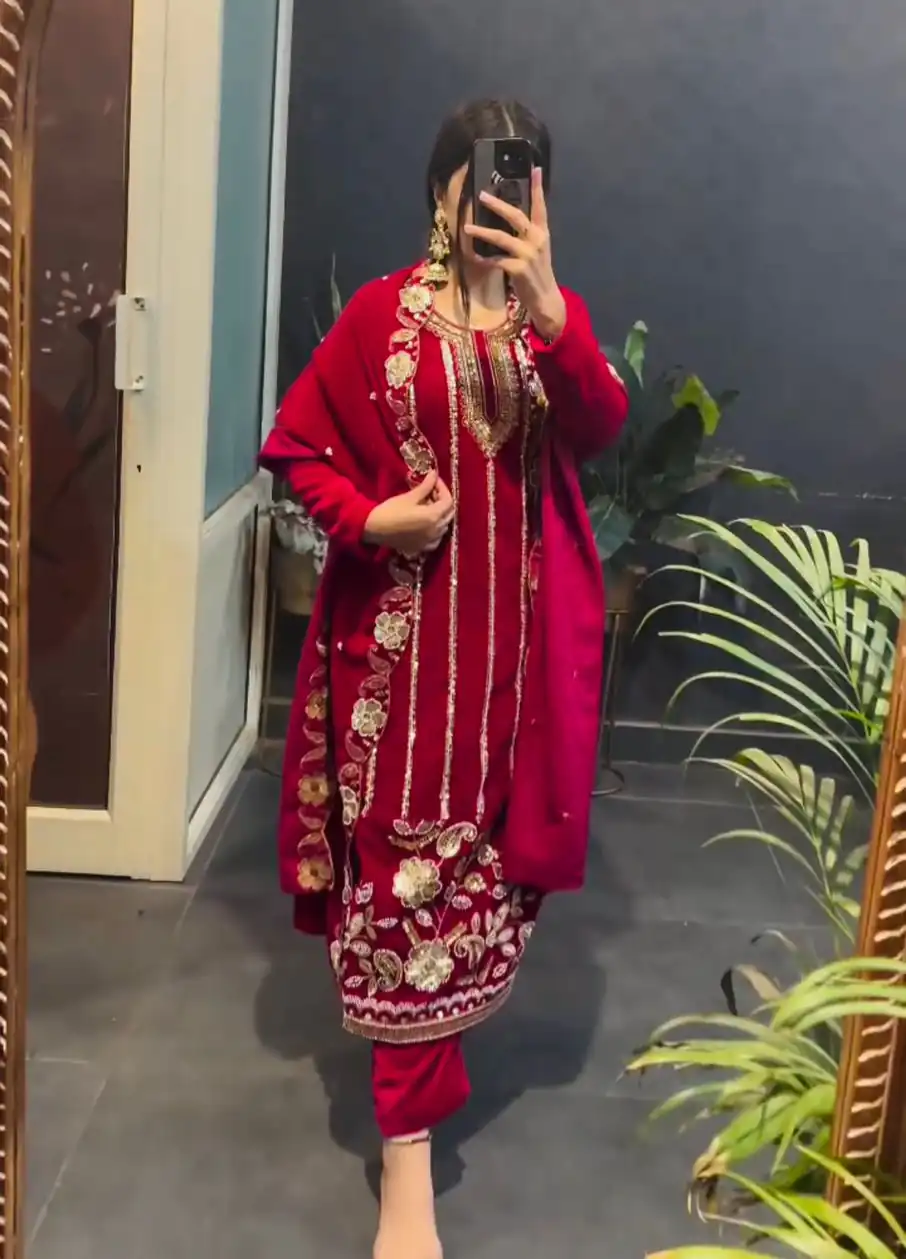 ST 1134 Red 9000 Velvet Salwar Suit with Lace Work & Embroidery Work. Available at ₹2099 only. Delivery 4-6 Working Days. Shop now. | Jump Suits, Salwar suit, Casual Suits, Creative suits, Designer Suits, Palazzo Suits, Party Wear Suits, Patiala Suits, Straight Suits