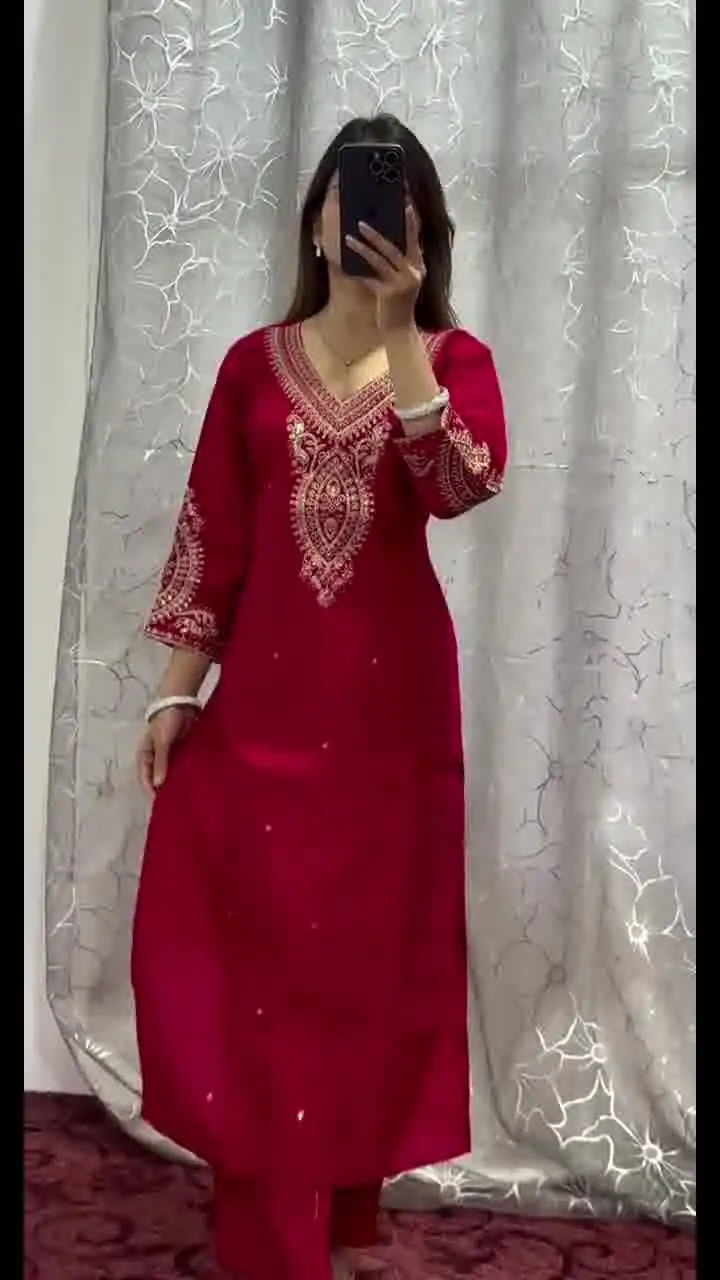 Red Chinon Sequence Coding Dori Work Salwar Suit - Image 5