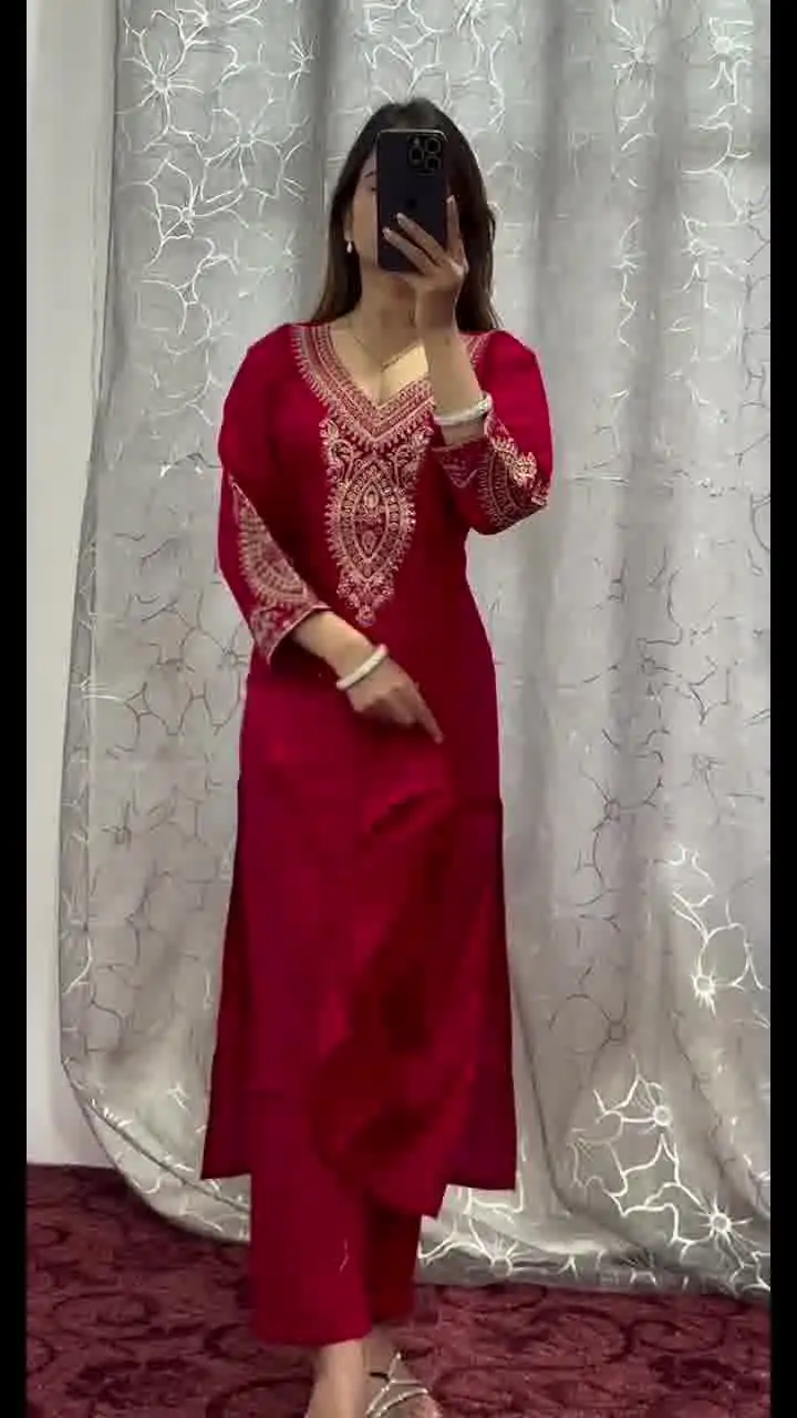 Red Chinon Sequence Coding Dori Work Salwar Suit