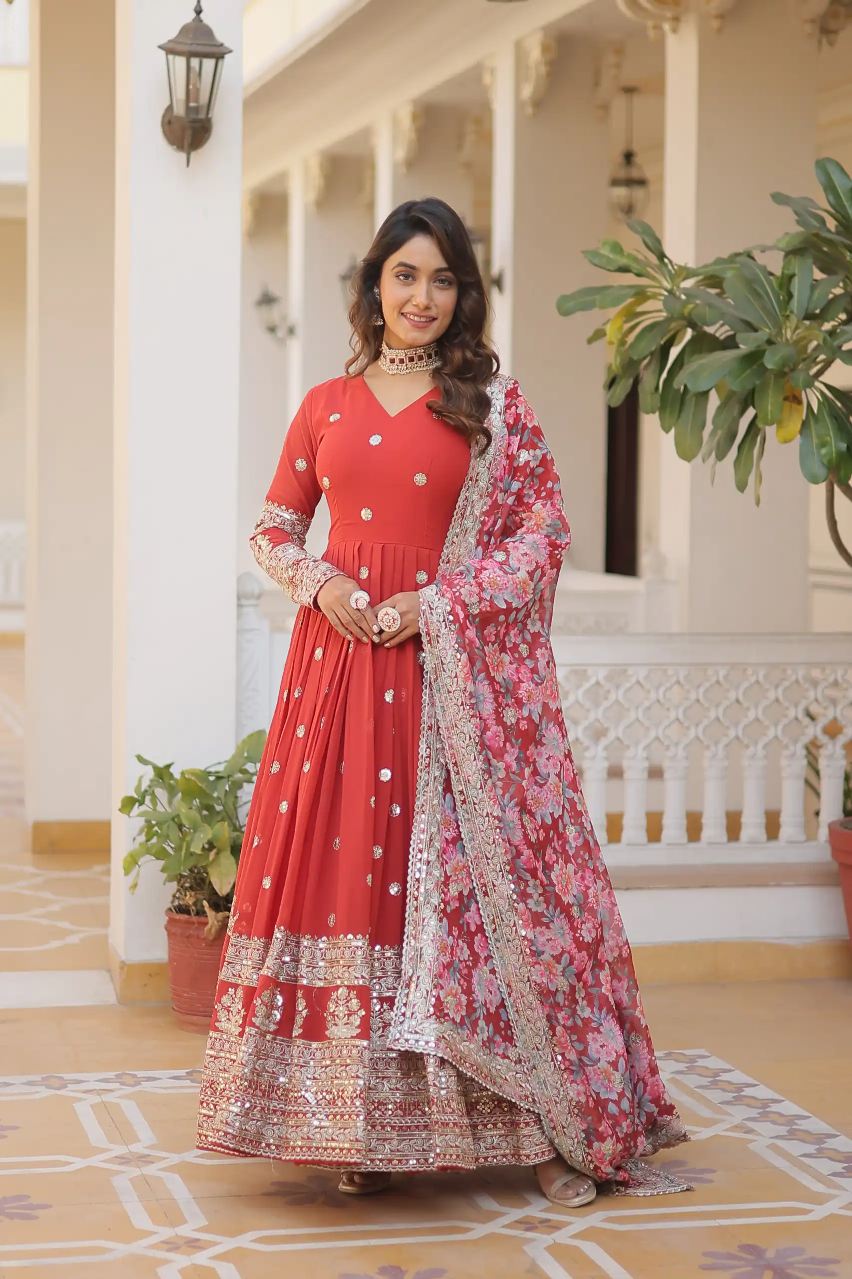 KA 1078 Red Faux Georgette Gown Perfect for Wedding, Party, Makar Sankranti, Karwa Chauth, Ethnic Day – . Now at just ₹3349. Delivery 4-6 Working D | Gowns, Bollywood Gowns, Creative Gowns, Designer Gowns, Embroidered Gowns, Party Wear Gowns