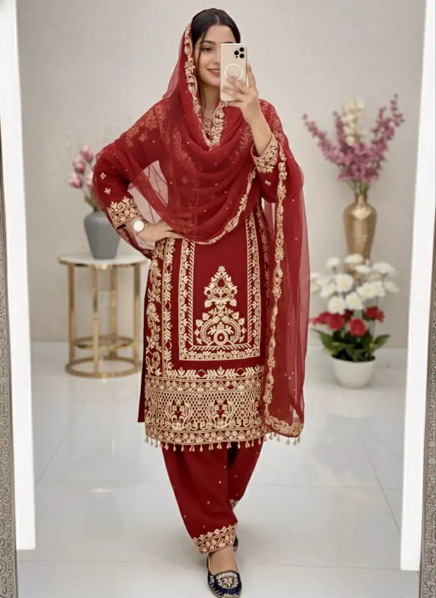 Red Faux Georgette With Embroidery Work Salwar Suit
