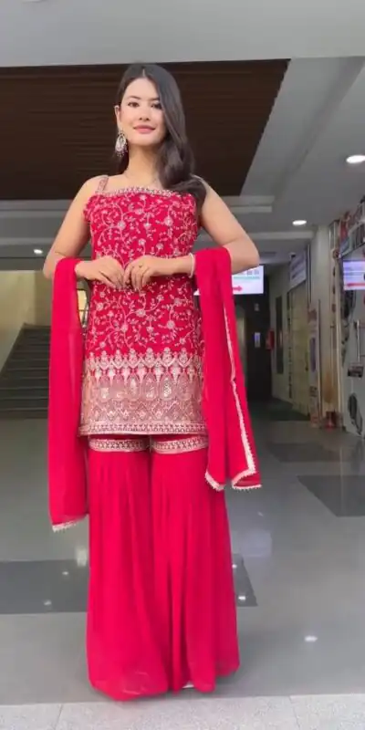 DC 93 Red Fox Georgette Salwar Suit Perfect for Wedding, Party, Eid, Temple Visit, Engagement â . Now at just âš1899. Delivery 4-6 Working Days. Shop now | Jump Suits, Salwar suit, Casual Suits, Creative suits, Designer Suits, Palazzo Suits, Party Wear Suits, Patiala Suits, Straight Suits