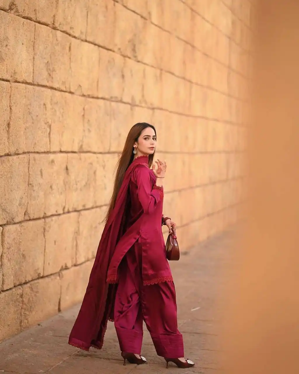 Red French Crape Lace Embroidery Work Salwar Suit - Image 3