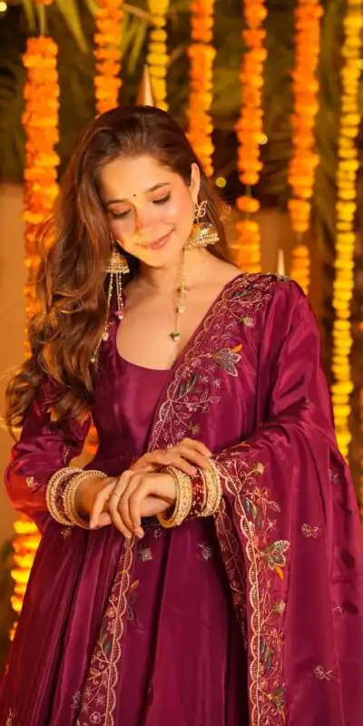 NF 1264 Red Natural Crap Silk Anarkali Suit with Embroidery Work. Available at ₹3049 only. Delivery 4-6 Working Days. Shop now. | Anarkali Suits, Bollywood Anarkali, Creative-Anarkali, Designer Anarkali, Embroidered Anarkali, Party Wear Anarkali