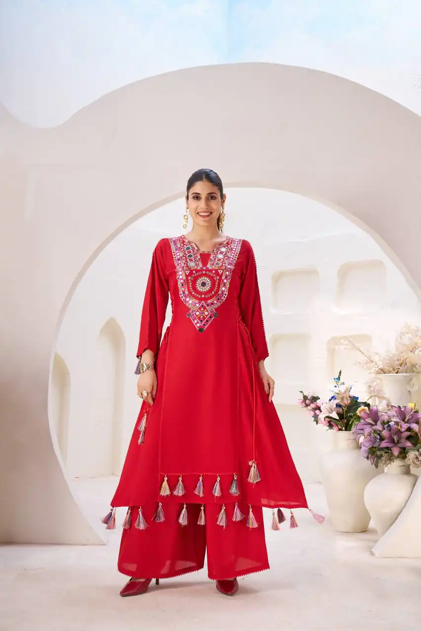 Red Rayon Cotton Embroidery Mirror Work Salwar Suit - Image 2
