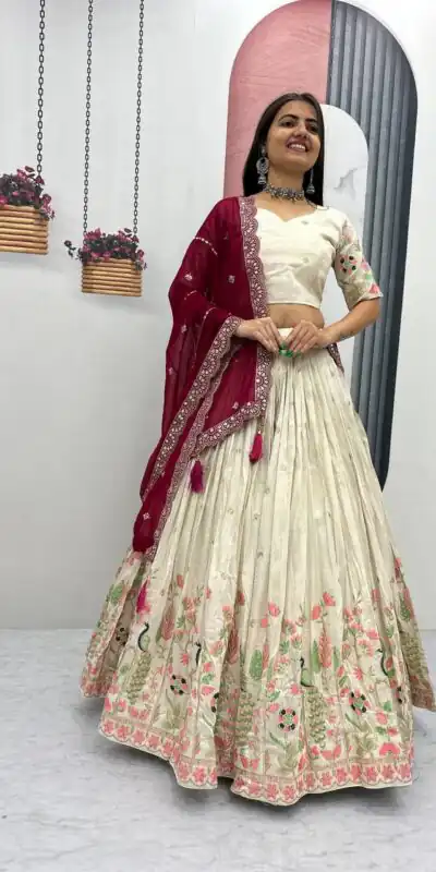 PC 546 Red Tissue Silk Lehenga Choli with Lace Work & Cut Work. Wedding, Party, Festive, Events Only 3249 Delivery 4-6 Working Days. Shop now. | Lehenga, Bollywood Lehenga, Creative Lehenga, Designer Lehenga, Embroidered Lehenga, Party Wear Lehenga