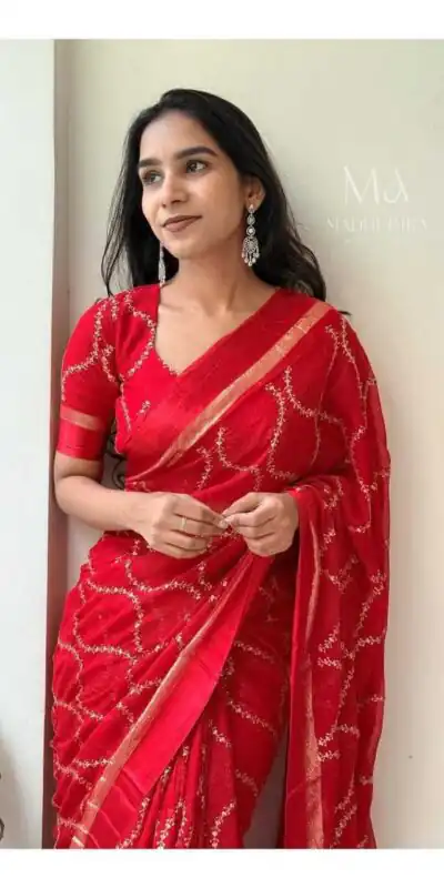 MS 505 Red Viscose Satin Saree with Sequins Work & Embroidery Work. Special Price ₹1599. Delivery 4-6 Working Days. Shop now. | Creative Sarees, Sarees, Bollywood Sarees, Designer Sarees, Embroidered Sarees, Ethnic Saree, Modern Digital sarees, Party Wear Sarees