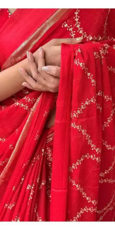 MS 505 Red Viscose Satin Saree with Sequins Work & Embroidery Work. Special Price ₹1599. Delivery 4-6 Working Days. Shop now. | Creative Sarees, Sarees, Bollywood Sarees, Designer Sarees, Embroidered Sarees, Ethnic Saree, Modern Digital sarees, Party Wear Sarees