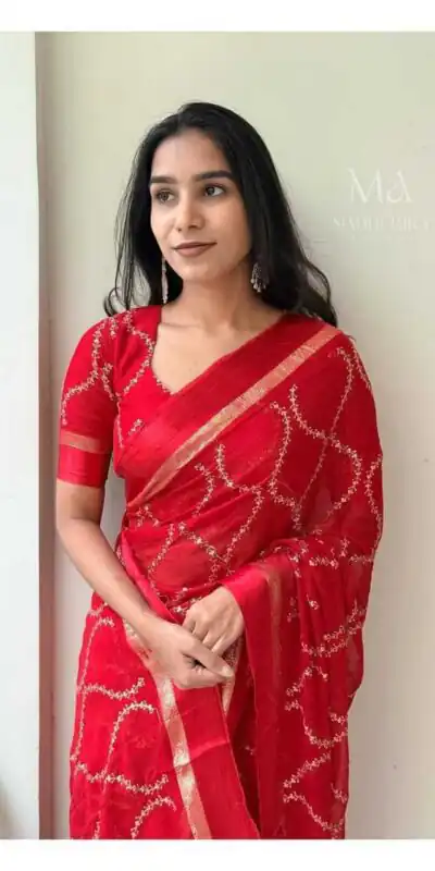 MS 505 Red Viscose Satin Saree with Sequins Work & Embroidery Work. Special Price ₹1599. Delivery 4-6 Working Days. Shop now. | Creative Sarees, Sarees, Bollywood Sarees, Designer Sarees, Embroidered Sarees, Ethnic Saree, Modern Digital sarees, Party Wear Sarees