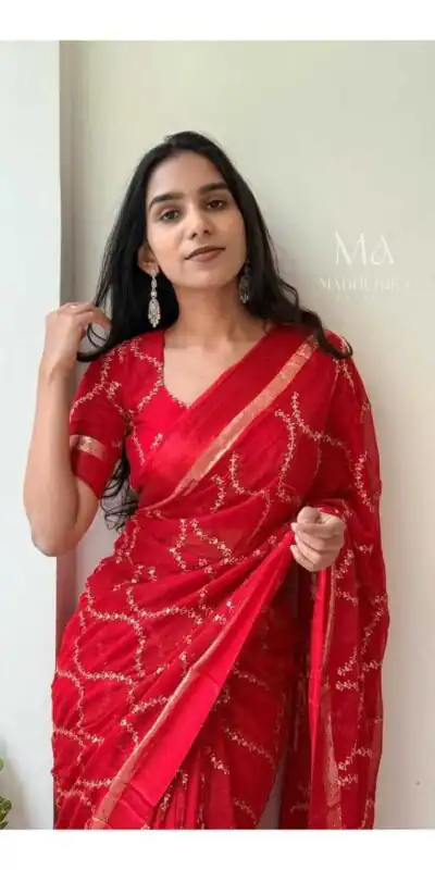 MS 505 Red Viscose Satin Saree with Sequins Work & Embroidery Work. Special Price ₹1599. Delivery 4-6 Working Days. Shop now. | Creative Sarees, Sarees, Bollywood Sarees, Designer Sarees, Embroidered Sarees, Ethnic Saree, Modern Digital sarees, Party Wear Sarees