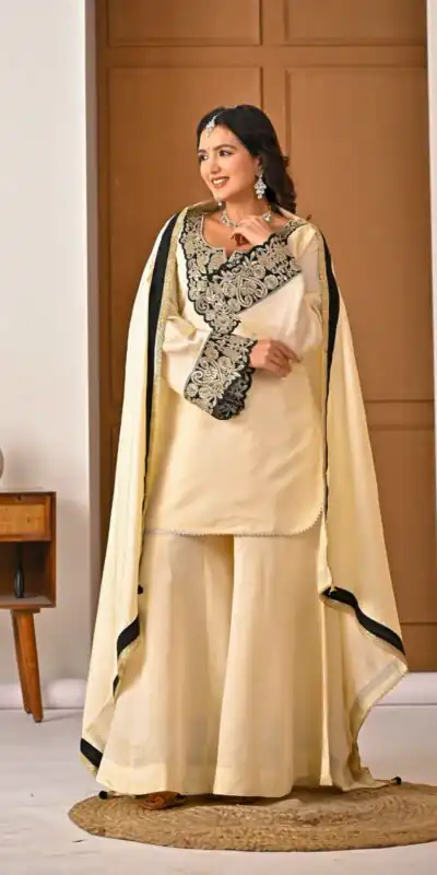 MD 3079 Cream Color Roman Silk Salwar Suit with Embroidery Work. Available at ₹2499 only. Delivery 4-6 Working Days. Shop now. | Jump Suits, Salwar suit, Casual Suits, Creative suits, Designer Suits, Palazzo Suits, Party Wear Suits, Patiala Suits, Straight Suits