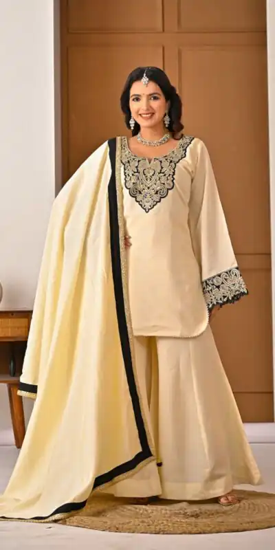 MD 3079 Cream Color Roman Silk Salwar Suit with Embroidery Work. Available at ₹2499 only. Delivery 4-6 Working Days. Shop now. | Jump Suits, Salwar suit, Casual Suits, Creative suits, Designer Suits, Palazzo Suits, Party Wear Suits, Patiala Suits, Straight Suits