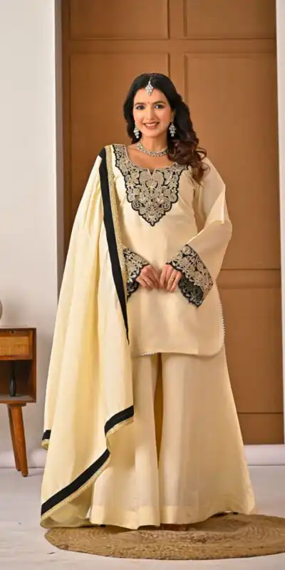 MD 3079 Cream Color Roman Silk Salwar Suit with Embroidery Work. Available at âš2499 only. Delivery 4-6 Working Days. Shop now. | Jump Suits, Salwar suit, Casual Suits, Creative suits, Designer Suits, Palazzo Suits, Party Wear Suits, Patiala Suits, Straight Suits