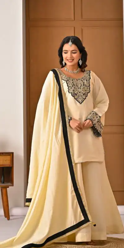 MD 3079 Cream Color Roman Silk Salwar Suit with Embroidery Work. Available at ₹2499 only. Delivery 4-6 Working Days. Shop now. | Jump Suits, Salwar suit, Casual Suits, Creative suits, Designer Suits, Palazzo Suits, Party Wear Suits, Patiala Suits, Straight Suits