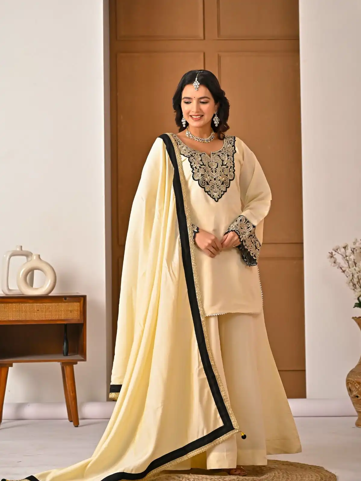 MD 3079 Cream Color Roman Silk Salwar Suit with Embroidery Work. Available at ₹2499 only. Delivery 4-6 Working Days. Shop now. | Jump Suits, Salwar suit, Casual Suits, Creative suits, Designer Suits, Palazzo Suits, Party Wear Suits, Patiala Suits, Straight Suits