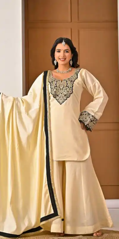 MD 3079 Cream Color Roman Silk Salwar Suit with Embroidery Work. Available at ₹2499 only. Delivery 4-6 Working Days. Shop now. | Jump Suits, Salwar suit, Casual Suits, Creative suits, Designer Suits, Palazzo Suits, Party Wear Suits, Patiala Suits, Straight Suits