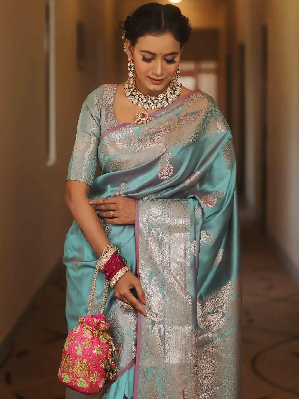 Sky Blue Lichi Silk Border Lace Work Saree - Image 3