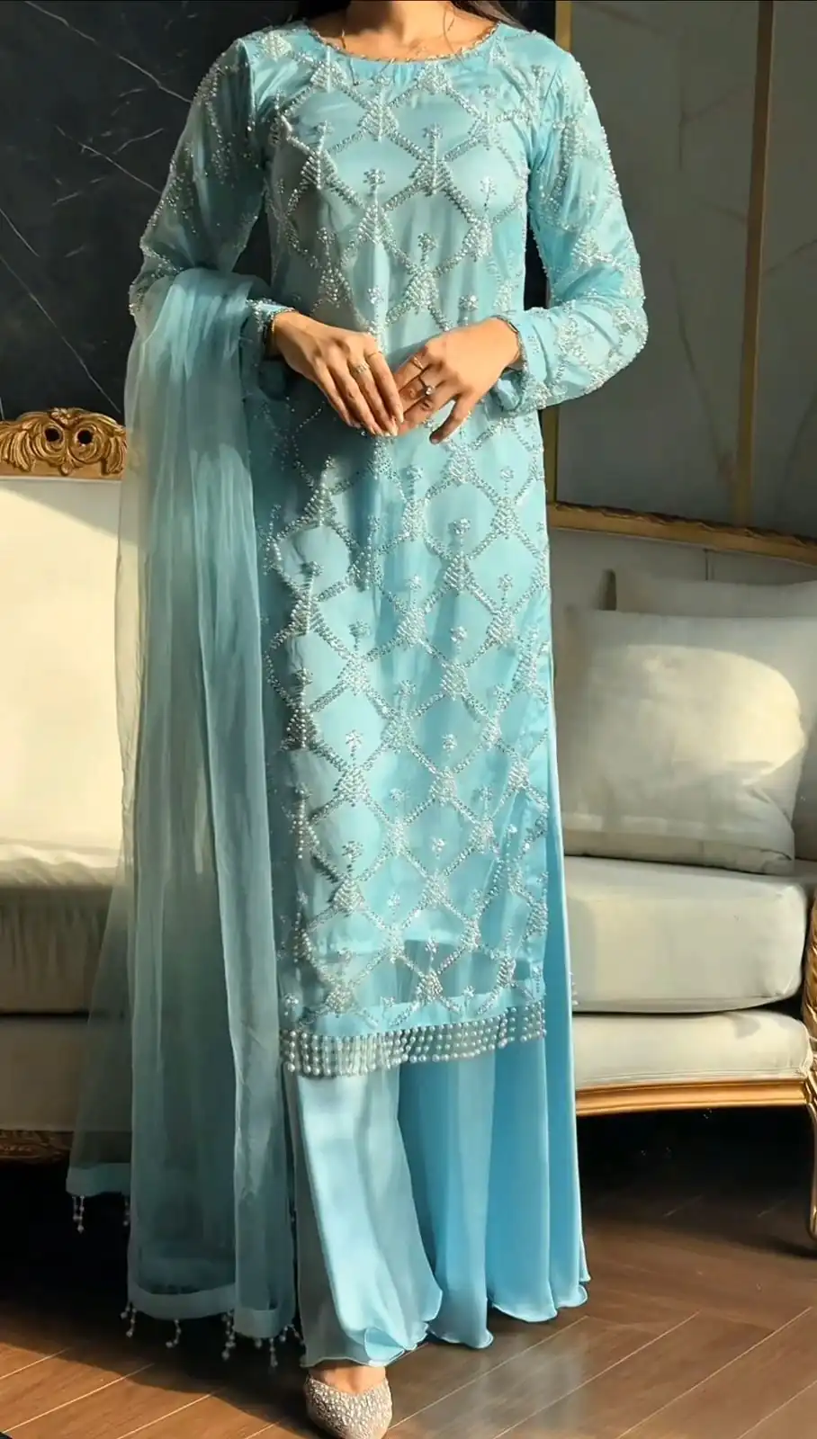 Sky Blue Soft Net Lace Embroidery Work Salwar Suit - Image 3