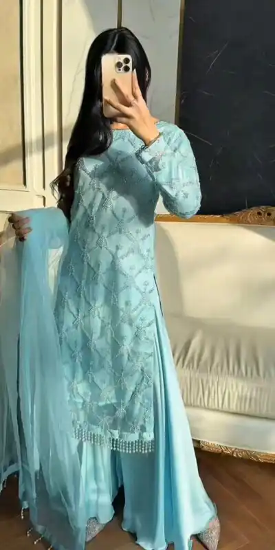 Sky Blue Soft Net Lace Embroidery Work Salwar Suit