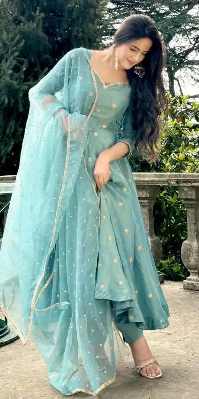 SSR 524 Sky Blue Color Vichitra silk Gown with Bead Work & Lace Work. Now at just ₹1999. Delivery 4-6 Working Days. Shop now. | Gowns, Bollywood Gowns, Creative Gowns, Designer Gowns, Embroidered Gowns, Party Wear Gowns