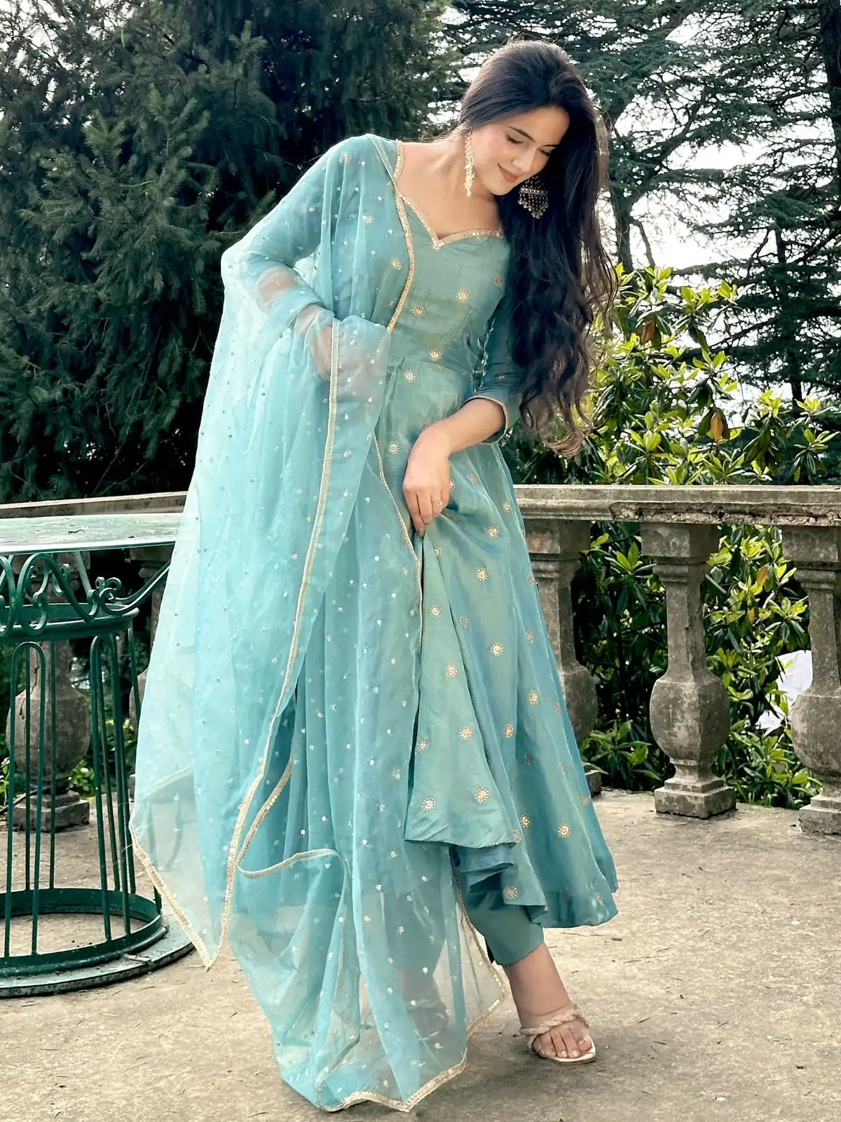 SSR 524 Sky Blue Color Vichitra silk Gown with Bead Work & Lace Work. Now at just ₹1999. Delivery 4-6 Working Days. Shop now. | Gowns, Bollywood Gowns, Creative Gowns, Designer Gowns, Embroidered Gowns, Party Wear Gowns