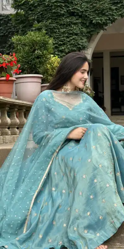 SSR 524 Sky Blue Color Vichitra silk Gown with Bead Work & Lace Work. Now at just ₹1999. Delivery 4-6 Working Days. Shop now. | Gowns, Bollywood Gowns, Creative Gowns, Designer Gowns, Embroidered Gowns, Party Wear Gowns