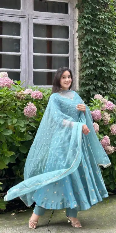 SSR 524 Sky Blue Color Vichitra silk Gown with Bead Work & Lace Work. Now at just ₹1999. Delivery 4-6 Working Days. Shop now. | Gowns, Bollywood Gowns, Creative Gowns, Designer Gowns, Embroidered Gowns, Party Wear Gowns