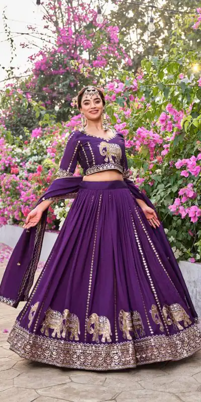 Ram 165 Dark Purple in Color Vichitra Silk Embroidery Work Lehenga Choli . Now at just ₹2599. Delivery 4-6 Working Days. Shop now. | Lehenga, Bollywood Lehenga, Creative Lehenga, Designer Lehenga, Embroidered Lehenga, Party Wear Lehenga