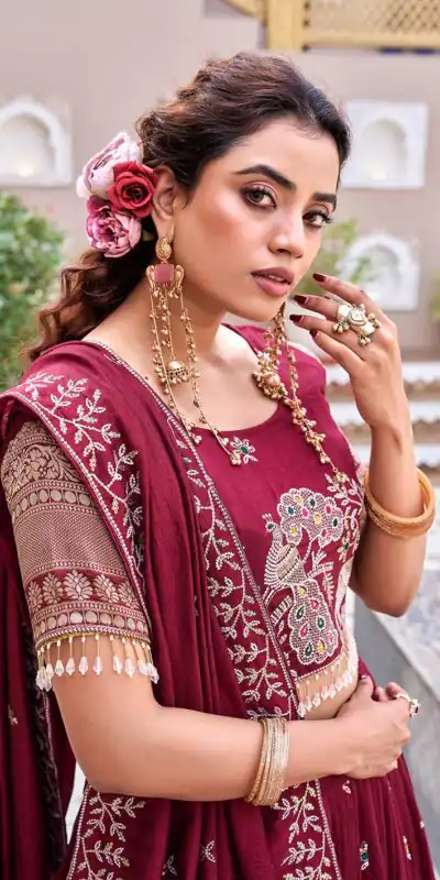 Ram 163 Maroon in Color Vichitra Silk Embroidery Work Lehenga Choli . Now at just ₹3049. Delivery 4-6 Working Days. Shop now. | Lehenga, Bollywood Lehenga, Creative Lehenga, Designer Lehenga, Embroidered Lehenga, Party Wear Lehenga