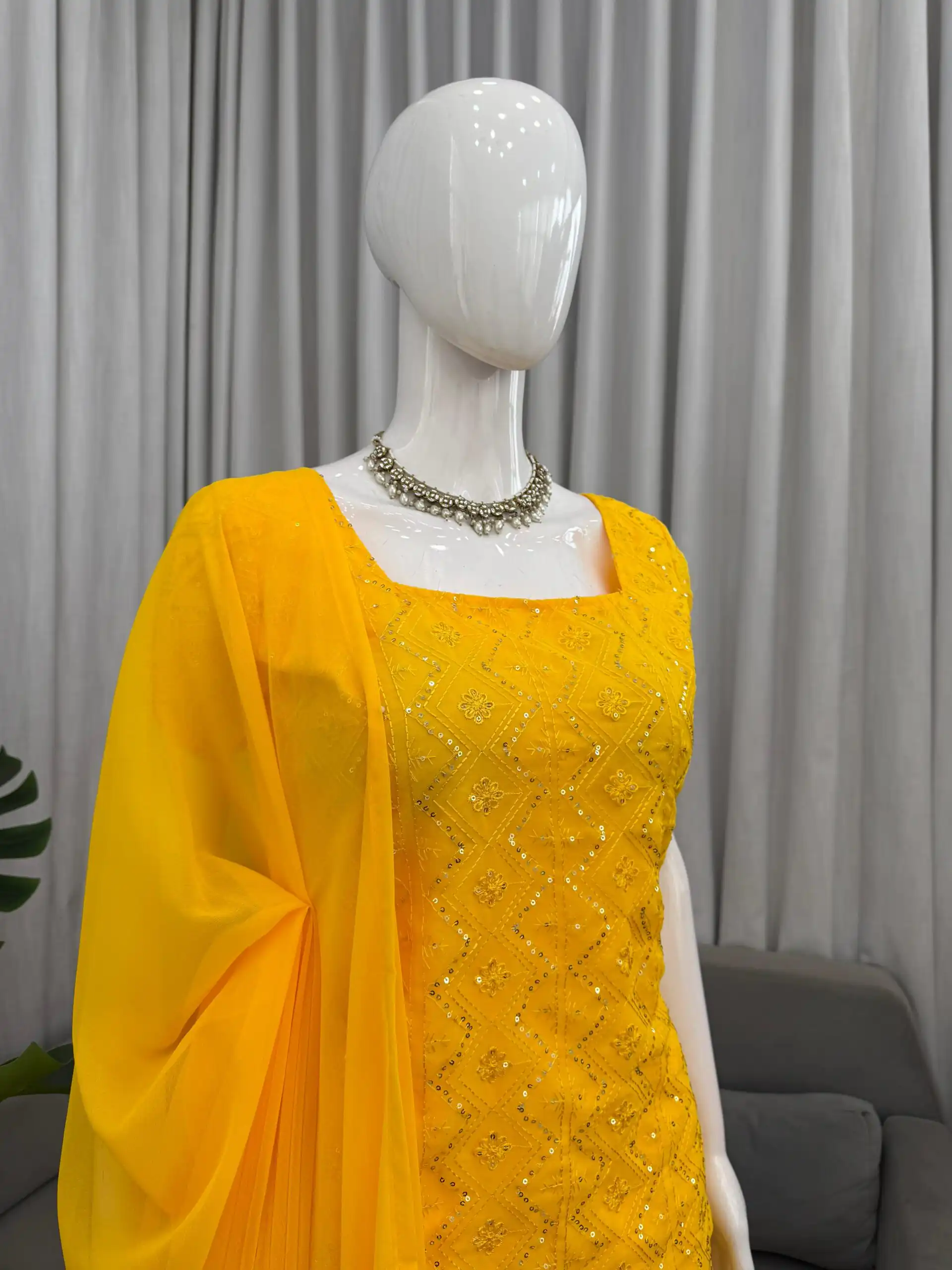 KD 1543 Yellow Faux Georgette Salwar Suit with Designer Work. Introductory Price ₹1949. Delivery 4-6 Working Days. Shop now. | Jump Suits, Salwar suit, Casual Suits, Creative suits, Designer Suits, Palazzo Suits, Party Wear Suits, Patiala Suits, Straight Suits