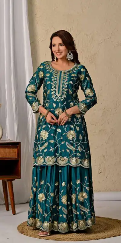 MD 3057 Teal Chinon Silk Salwar Suit with Embroidery Work & Lace Work. Affordable Price ₹2149. Delivery 4-6 Working Days. Shop now. | Salwar suit, Casual Suits, Creative suits, Designer Suits, Palazzo Suits, Party Wear Suits, Patiala Suits, Straight Suits