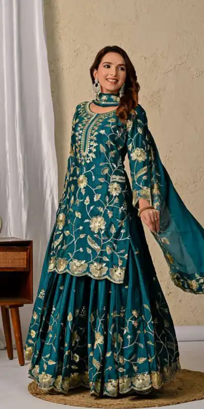 MD 3057 Teal Chinon Silk Salwar Suit with Embroidery Work & Lace Work. Affordable Price ₹2149. Delivery 4-6 Working Days. Shop now. | Salwar suit, Casual Suits, Creative suits, Designer Suits, Palazzo Suits, Party Wear Suits, Patiala Suits, Straight Suits