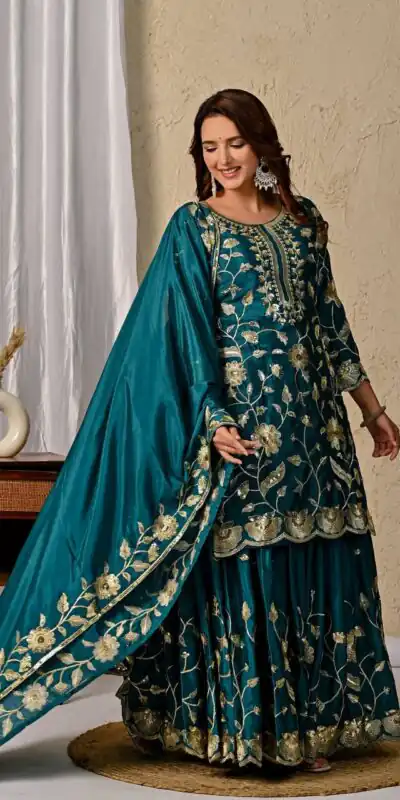 MD 3057 Teal Chinon Silk Salwar Suit with Embroidery Work & Lace Work. Affordable Price ₹2149. Delivery 4-6 Working Days. Shop now. | Salwar suit, Casual Suits, Creative suits, Designer Suits, Palazzo Suits, Party Wear Suits, Patiala Suits, Straight Suits