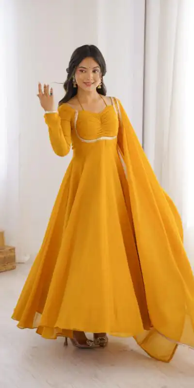 KB 291 Yellow Color Fox Blooming Georgette Gown with Lace Work. Affordable Price ₹1899. Delivery 4-6 Working Days. Shop now. | Gowns, Bollywood Gowns, Creative Gowns, Designer Gowns, Embroidered Gowns, Party Wear Gowns