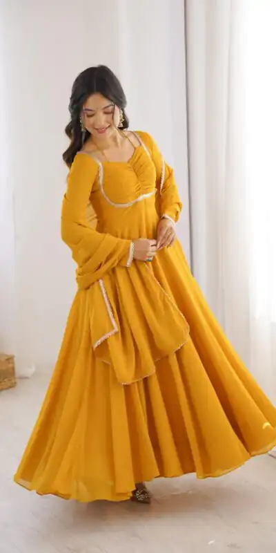 KB 291 Yellow Color Fox Blooming Georgette Gown with Lace Work. Affordable Price ₹1899. Delivery 4-6 Working Days. Shop now. | Gowns, Bollywood Gowns, Creative Gowns, Designer Gowns, Embroidered Gowns, Party Wear Gowns
