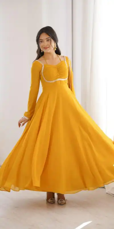 KB 291 Yellow Color Fox Blooming Georgette Gown with Lace Work. Affordable Price ₹1899. Delivery 4-6 Working Days. Shop now. | Gowns, Bollywood Gowns, Creative Gowns, Designer Gowns, Embroidered Gowns, Party Wear Gowns