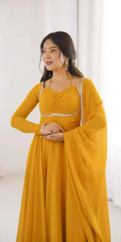 KB 291 Yellow Color Fox Blooming Georgette Gown with Lace Work. Affordable Price ₹1899. Delivery 4-6 Working Days. Shop now. | Gowns, Bollywood Gowns, Creative Gowns, Designer Gowns, Embroidered Gowns, Party Wear Gowns