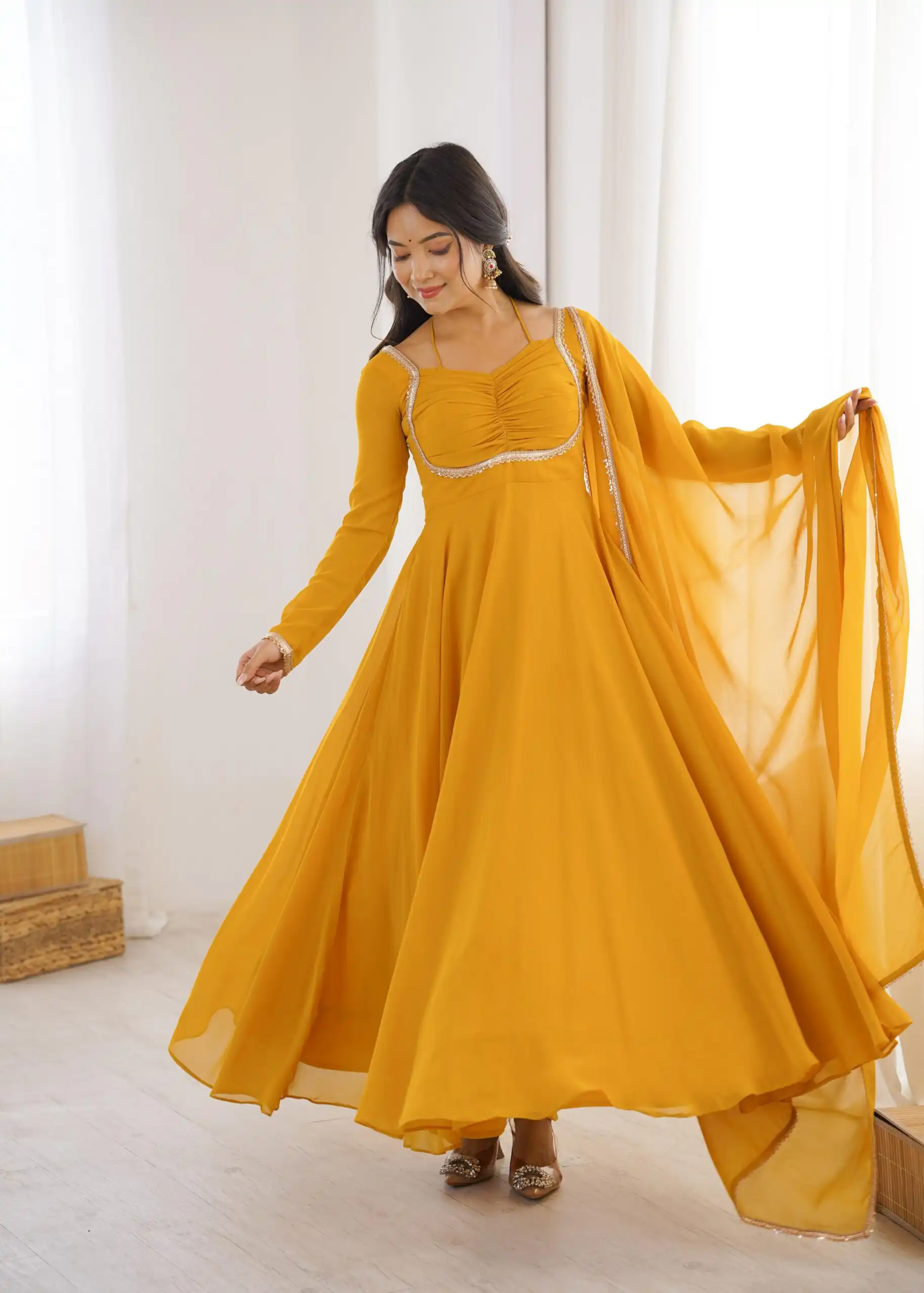 KB 291 Yellow Color Fox Blooming Georgette Gown with Lace Work. Affordable Price ₹1899. Delivery 4-6 Working Days. Shop now. | Gowns, Bollywood Gowns, Creative Gowns, Designer Gowns, Embroidered Gowns, Party Wear Gowns